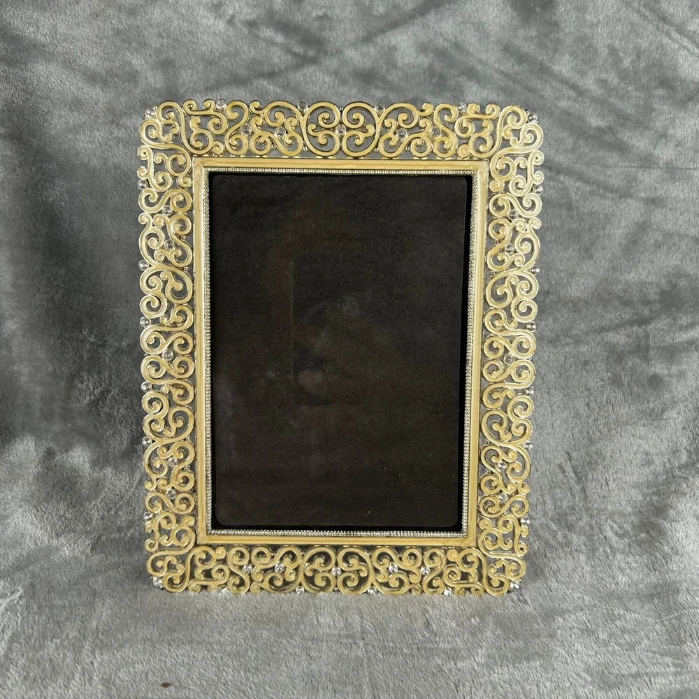 Vintage 5x7 Picture Frame Enameled Gold Scroll Rhinestone Ornate Scrollwork